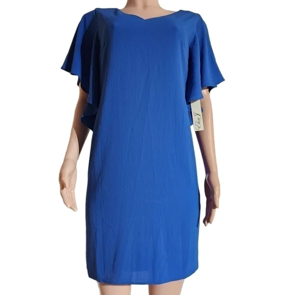 𝅺ELIZA J. Womens Blue Flutter Sleeve V Neck Tie Back Shift Dress Size 6 - Picture 3 of 14